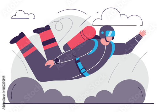 Dynamic skydiver soaring through the air with parachute, capturing adventure and freedom in a bold style