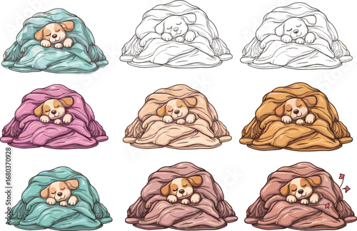 Cute sleeping puppy wrapped in blanket, cozy cartoon dog illustration, adorable bedtime scene, warm and soft pet character design