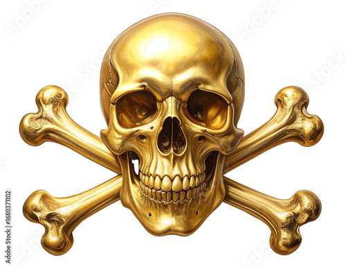  Golden Skull and Crossbones Front View with Shiny Metallic Finish, Isolate