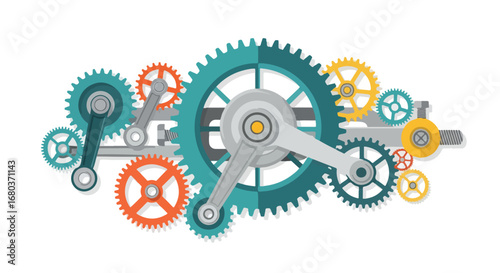 Complex Interlocking Gears and Mechanical Linkages Engineering System Illustration, demonstrating engineering, design, and functionality using cogs