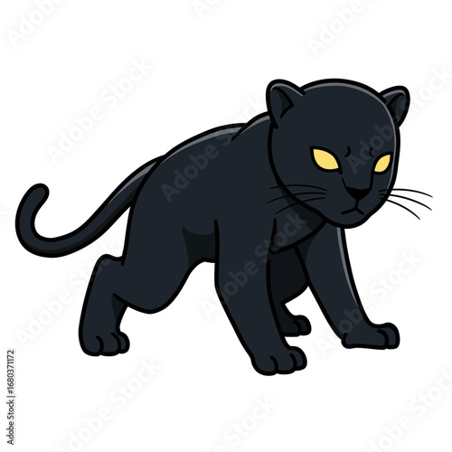 An illustrated black panther with bright yellow eyes, depicted in a low, predatory stance.