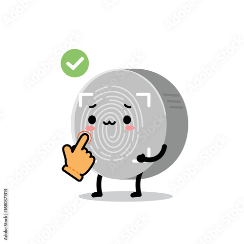 A cute, anthropomorphic fingerprint scanner with a happy expression, receiving a successful verification with a green checkmark.