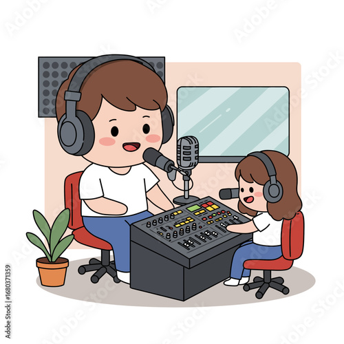 A father and daughter happily record a podcast together in a cozy studio with microphones and a soundboard.