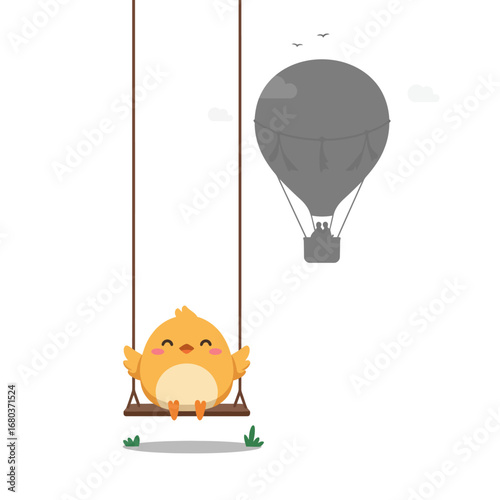 A cute yellow chick sits happily on a swing while a hot air balloon floats in the background.