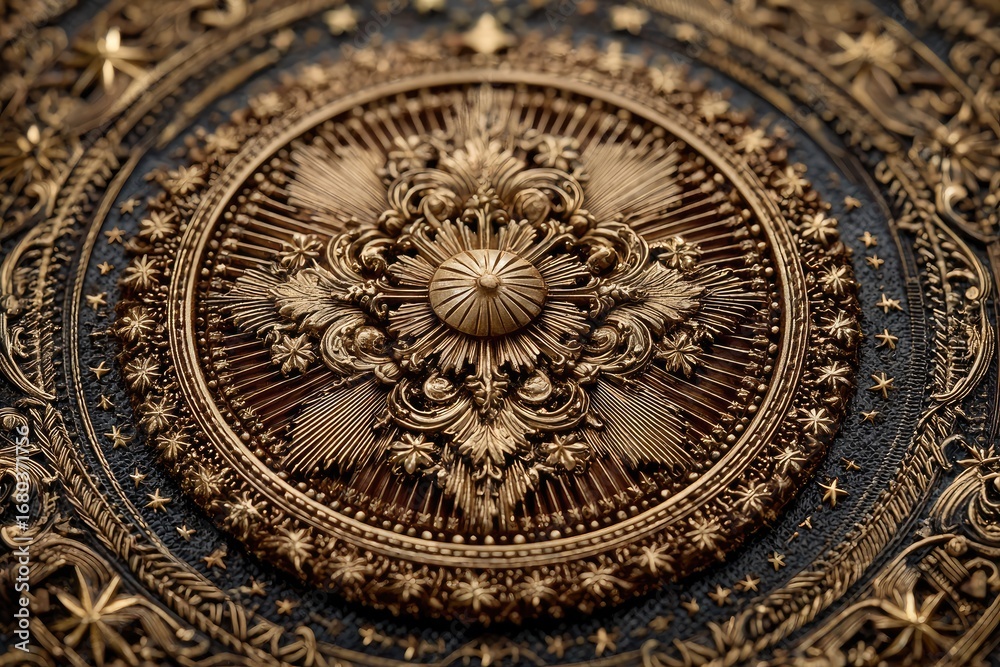 Obraz premium Ornate golden circular design on dark background