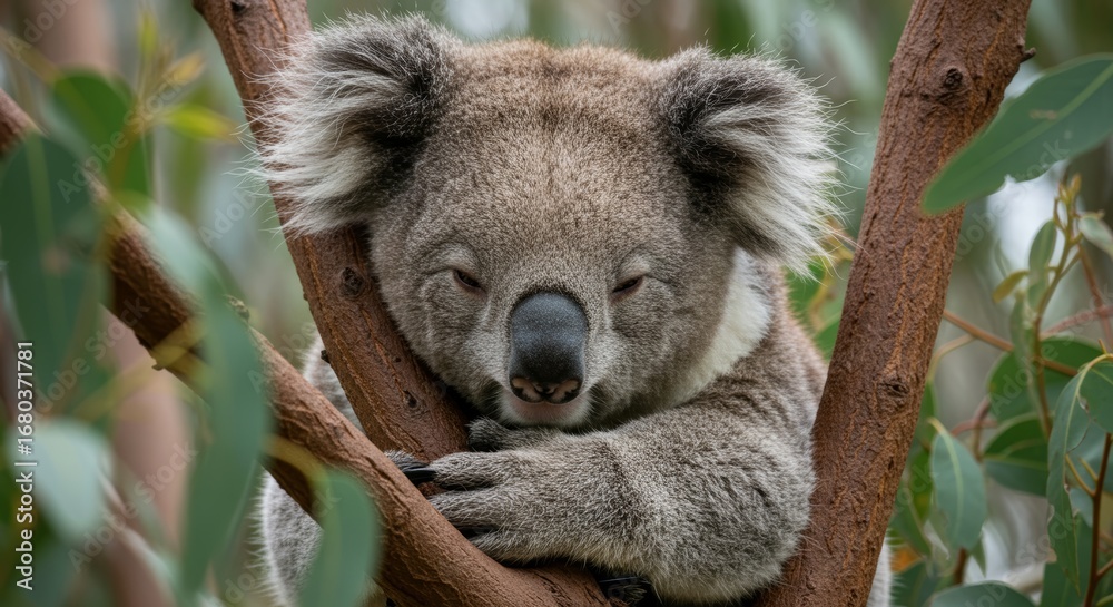 Fototapeta premium A serene moment with a koala peacefully sleeping in its natural habitat