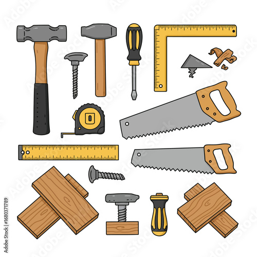A cartoon vector illustration set of various woodworking and construction tools for carpentry projects.