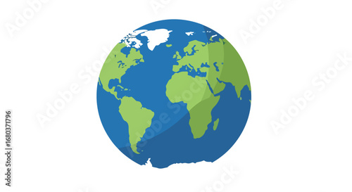 Stylized globe illustration showcasing continents and oceans in blue and green tones isolated on a white backdrop offering a clean and modern