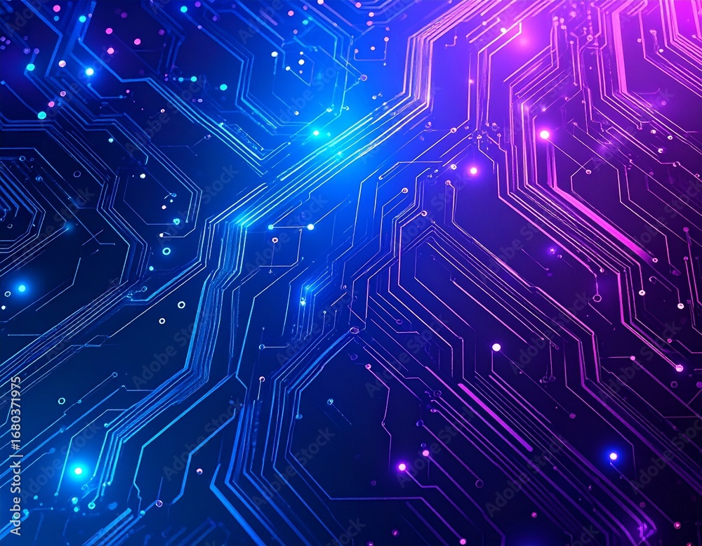 Obraz premium Overhead view of glowing neon circuit board with AI neural network pattern