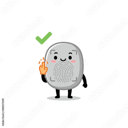 A cute cartoon fingerprint scanner character with a happy expression, a green checkmark indicating success, and a finger giving a middle finger gesture.