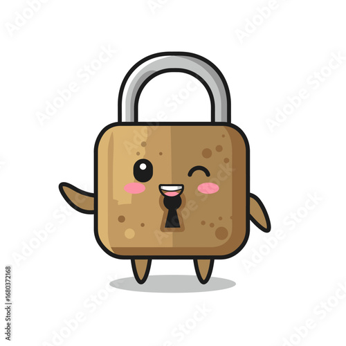 A cartoon padlock character with a smiling face, winking eye, and waving hand.