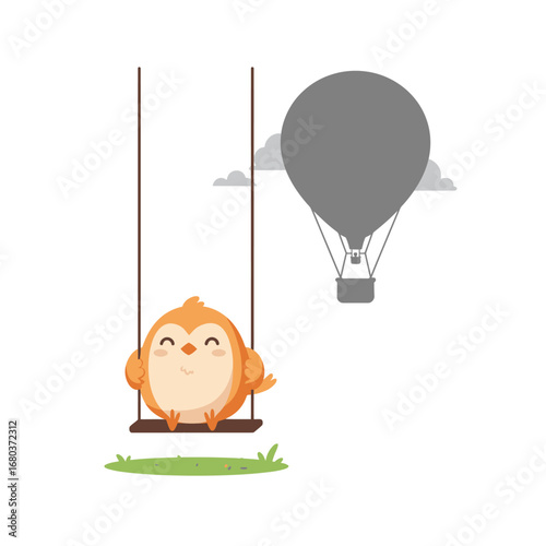A cheerful cartoon bird enjoys a gentle swing ride against a backdrop of a large, shadowed hot air balloon and stylized clouds.