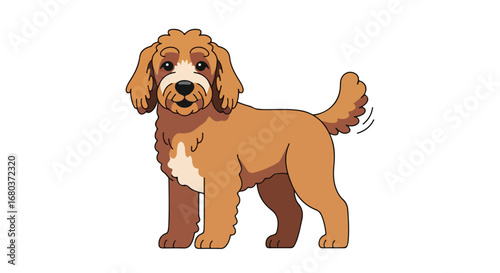 Illustrative depiction of a golden doodle with a wagging tail isolated on a clean white background portraying happiness and canine charm in a