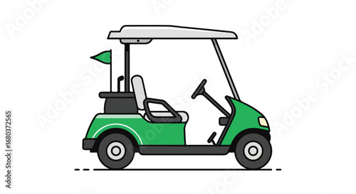 Stylized illustration of a green golf cart with flag and clubs, perfect for graphic design and sports themes showcases recreational transport concept