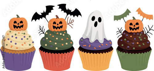  This image features a delightful array of Halloween-themed cupcakes, each adorned with festive and spooky decorations.