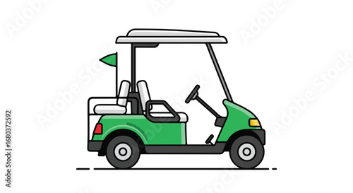 Stylized vector illustration displaying a green golf cart against a pristine white background for sport and leisure activities