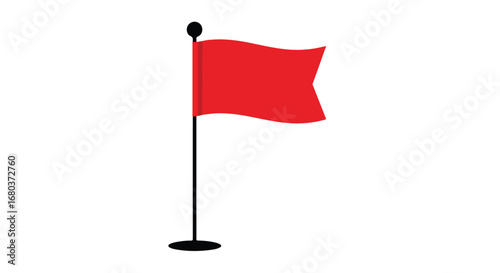 Vibrant red flag unfurling atop a slender black pole against a crisp white backdrop creating a strong focal point