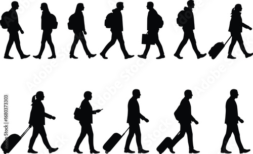 Silhouettes of business people walking with backpacks, suitcases, briefcases, commuting in city, traveling, professional lifestyle, urban workers, modern travel, business trip concept