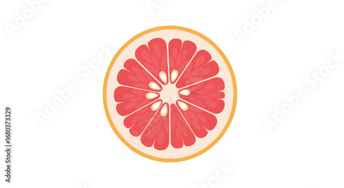 Vibrant grapefruit slice illustration showcasing juicy pink segments and pale yellow rind against pure white backdrop