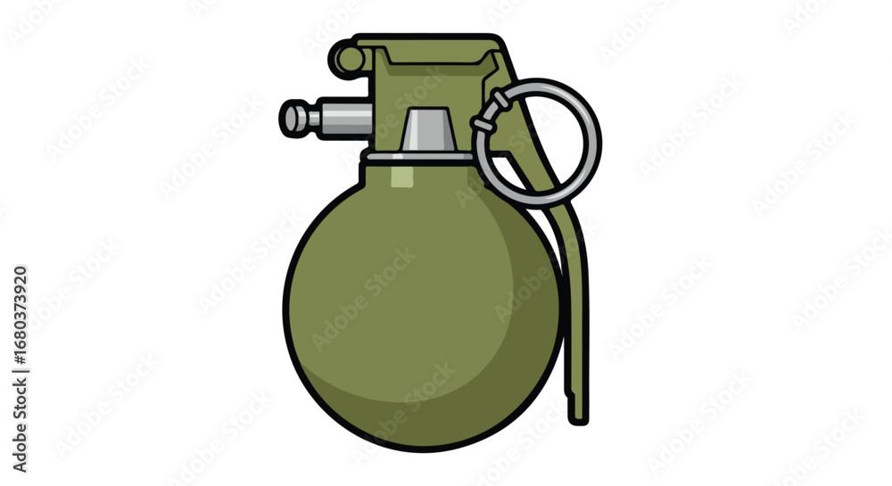 Fototapeta premium Illustration of a classic olive green hand grenade with a simplistic cartoon style drawing on a white backdrop