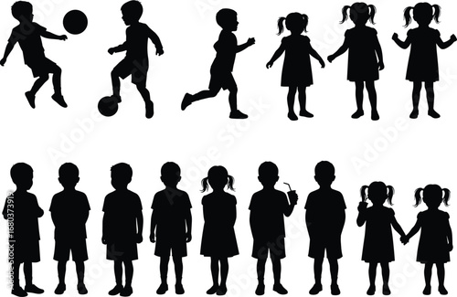 Silhouettes of children playing with ball, girls standing and holding hands, kids drinking juice, group of kids lined up, childhood fun, teamwork, outdoor play