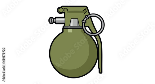 Illustration of a classic olive green hand grenade with a simplistic cartoon style drawing on a white backdrop