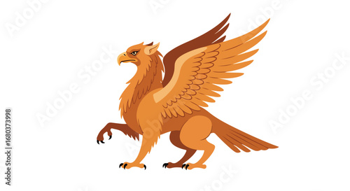 Majestic stylized griffin with sharp talons and outstretched wings in amber tones isolated on a white background