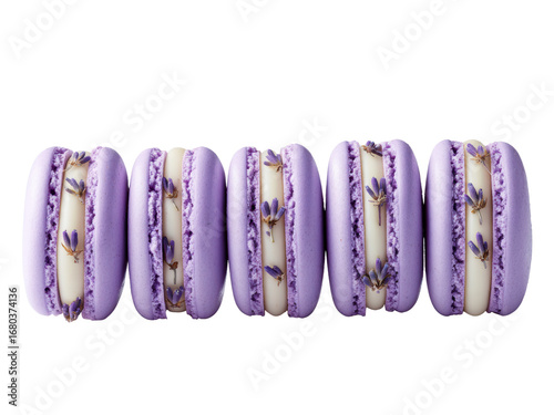 Delightful Lavender Macarons in a Row, a Stunning Culinary Display of Purple Perfection