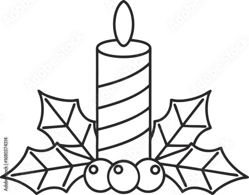 Handdrawn christmas candle with holly berries, perfect for holiday cards, decorations, and festive designs