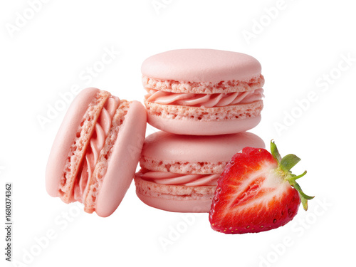 Delightful Pink Macarons with Creamy Filling and a Fresh Strawberry Slice
