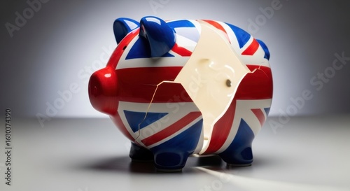 Broken union jack piggy bank symbolizing financial hardship and economic uncertainty in the united kingdom