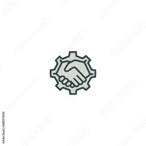 A stylized icon depicting a handshake enclosed within a gear, symbolizing partnership, collaboration, or agreement in a mechanical or industrial context.