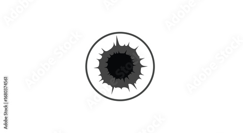 Stylized circular crater illustration showcasing sharp edges and dark central void, presented against a stark white background emphasizing