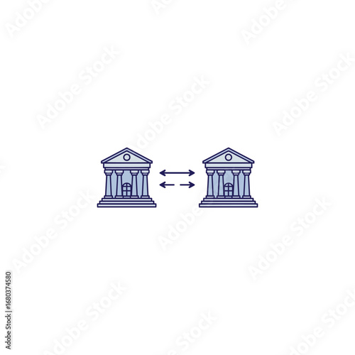 Two classical-style buildings face each other, connected by a horizontal double-headed arrow, suggesting exchange or transaction.