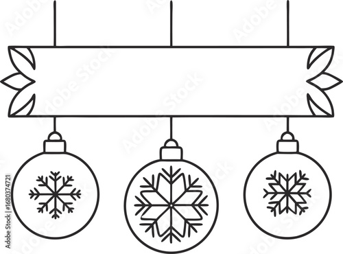 Christmas ornaments with snowflakes hanging from a decorative banner, , perfect for holiday greetings and festive designs