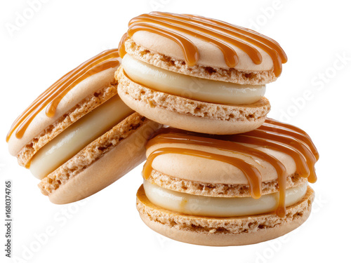 Three delectable caramel macarons, delicately stacked, showcasing a rich, creamy filling and a glossy caramel drizzle. A tempting treat!