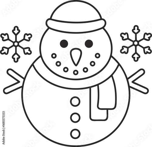 Festive snowman with snowflakes, a cheerful winter holiday drawing for christmas and new year celebrations, ideal for coloring pages