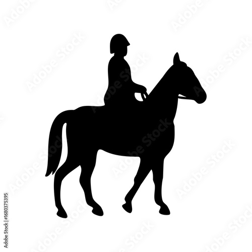 Silhouette of equestrian on horseback, rider and horse in black silhouette
