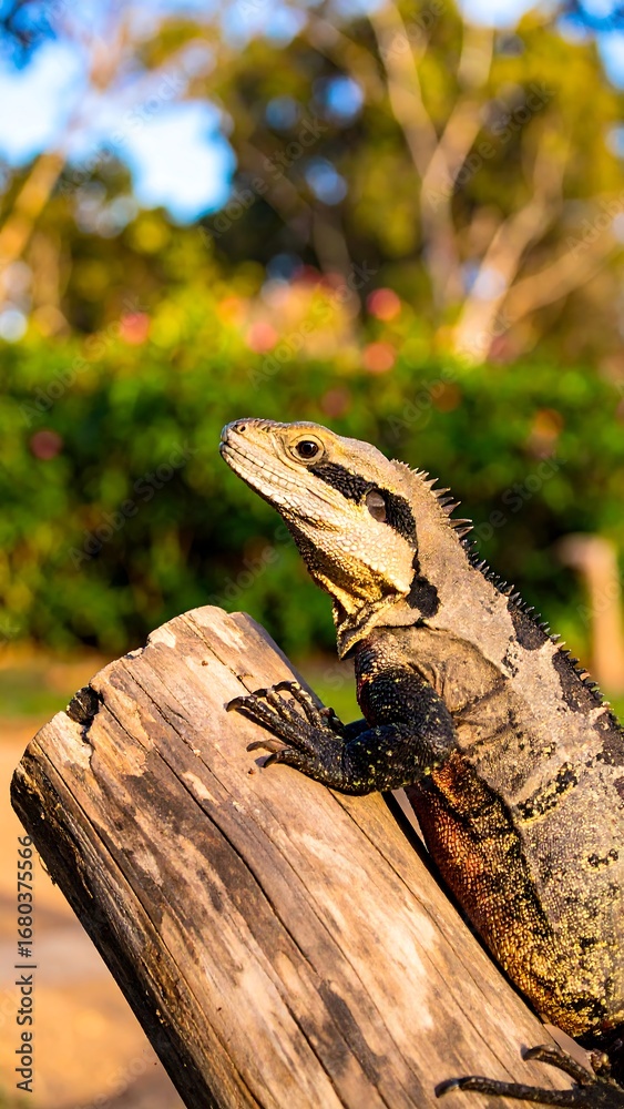 Obraz premium Lizard on a wooden post, blurred background