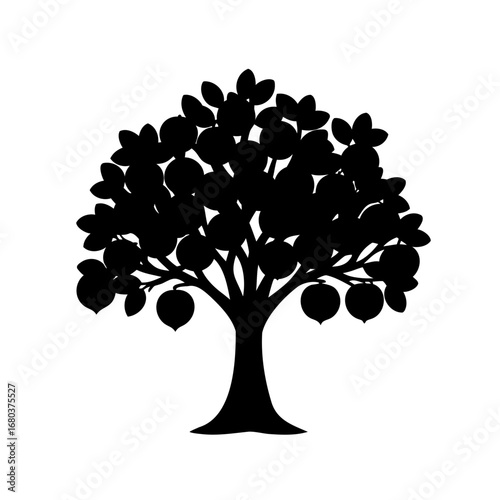 Silhouette of a bountiful tree full of leaves and fruit hanging down