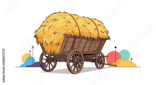 An old wooden cart filled high with golden hay bathed in warm sunlight