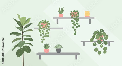 Home in nature with flower pots and green plants, a cozy and stylish interior design illustration