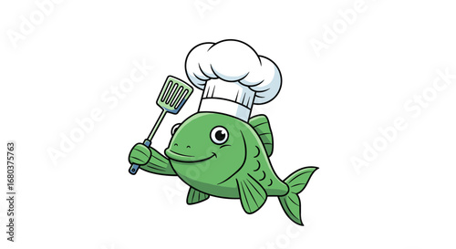 A cheerful green cartoon fish wearing a chef's hat and holding a spatula looking ready to cook delicious seafood dishes