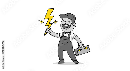 Cheerful cartoon electrician worker holding a lightning bolt and toolbox with enthusiasm and a bright smile