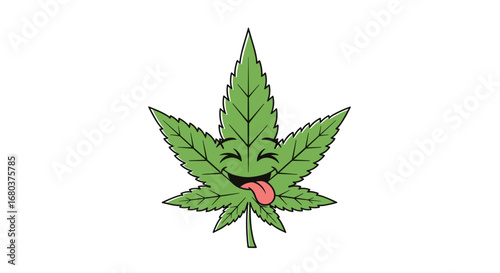 A hilarious cartoon marijuana leaf character with a goofy expression and a dangling tongue