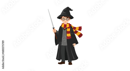 Cartoon illustration portraying a young wizard character in a magical realm adventure ready to cast a spell with his wand ready