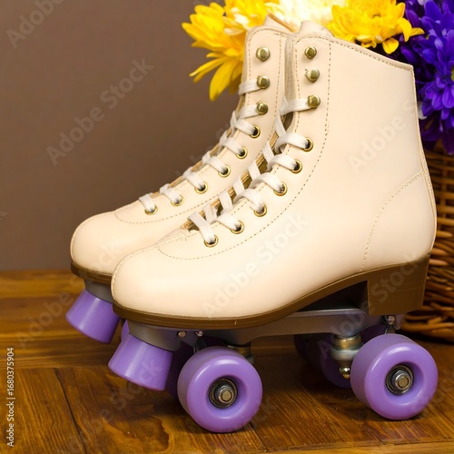Vintage White Roller Skates with Purple Wheels and Flowers.