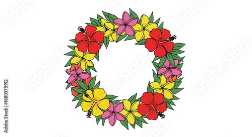 Vibrant floral circlet showcasing the tropical beauty of hibiscus and plumeria blossoms with lush leaves creating a captivating wreath
