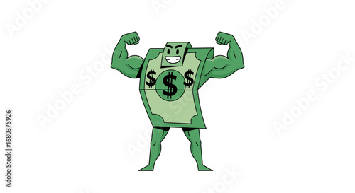 A muscular cartoon dollar bill character flexing its biceps showing strength and power in finance