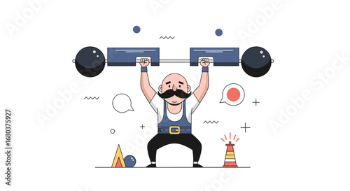 Strongman athlete demonstrating weightlifting strength with a barbell overhead during a fitness competition